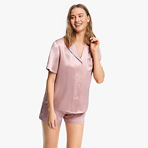 LilySilk Women's Silk Pajamas Short Sleeve Sleepwear Button Down 19 Momme 100% Mulberry Silk Two Piece Pajama Set Rosy Pink S