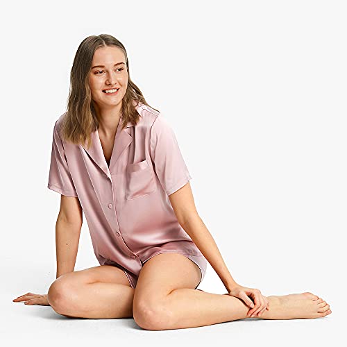 LilySilk Women's Silk Pajamas Short Sleeve Sleepwear Button Down 19 Momme 100% Mulberry Silk Two Piece Pajama Set Rosy Pink S