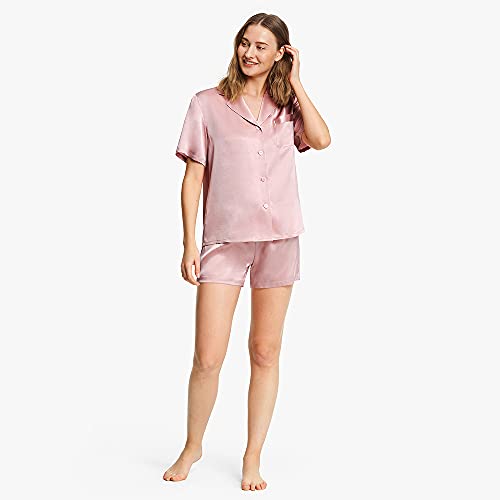 LilySilk Women's Silk Pajamas Short Sleeve Sleepwear Button Down 19 Momme 100% Mulberry Silk Two Piece Pajama Set Rosy Pink S