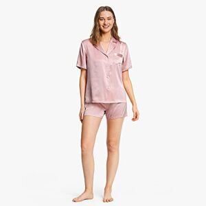 LilySilk Women's Silk Pajamas Short Sleeve Sleepwear Button Down 19 Momme 100% Mulberry Silk Two Piece Pajama Set Rosy Pink S