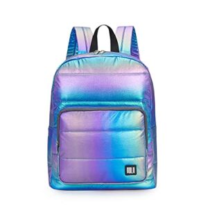 GBLQ PLUS Metallic Backpack 15 Inch, Super Lightweight Ultra Soft Nylon Shiny Fabric Casual Daypack, Metallic Blue Puffer