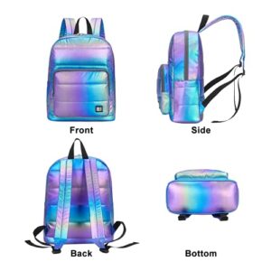 GBLQ PLUS Metallic Backpack 15 Inch, Super Lightweight Ultra Soft Nylon Shiny Fabric Casual Daypack, Metallic Blue Puffer