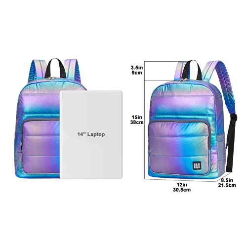 GBLQ PLUS Metallic Backpack 15 Inch, Super Lightweight Ultra Soft Nylon Shiny Fabric Casual Daypack, Metallic Blue Puffer