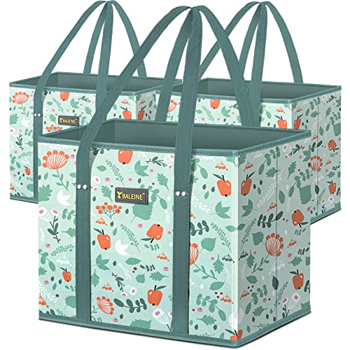 BALEINE 3Pk Reusable Grocery Bags, Foldable Shopping Bags for Groceries with Reinforced Bottom & Handles (Spring Stroll)