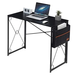 vecelo writing computer folding desk/sturdy steel laptop table with storage bag for home office work, 39", retro black