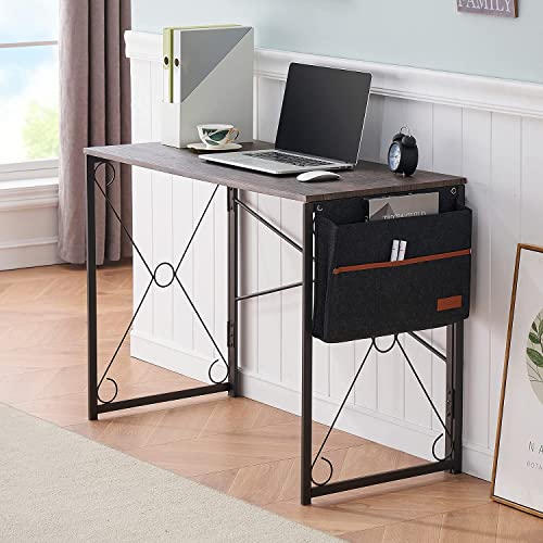 VECELO Writing Computer Folding Desk/Sturdy Steel Laptop Table with Storage Bag for Home Office Work, 39", Retro Black