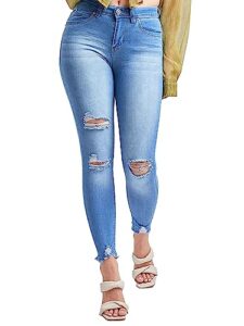 ymi junior womens wannabettabutt mid-rise recycled fibers distressed ankle denim jeans (rips+whiskers m1914, 11)