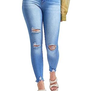 YMI Junior Womens Wannabettabutt Mid-Rise Recycled Fibers Distressed Ankle Denim Jeans (RIPS+Whiskers M1914, 11)