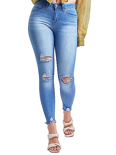 YMI Junior Womens Wannabettabutt Mid-Rise Recycled Fibers Distressed Ankle Denim Jeans (RIPS+Whiskers M1914, 11)