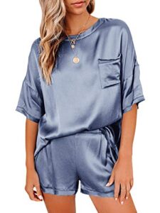 lyaner women's satin silky pajamas set short sleeve t-shirt with shorts set pjs loungewear dusty blue small