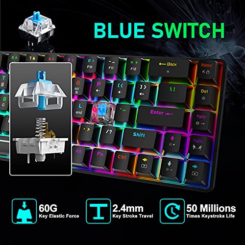 LexonElec T8 60% Mechanical Gaming Keyboard, RGB Backlit Compact Mechanical Keyboard, Blue Switches, Spill Resistant, Customizable Key Macro Function, for PC Gamers and Office Typists (Black)