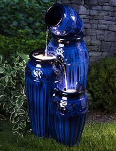 glitzhome 27.25" h outdoor garden water fountain with led lights and pump, 4 tier cobalt blue embossed pattern ceramic pots cascading floor-standing fountain for porch deck patio backyard decoration