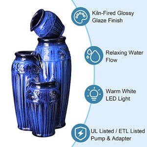 Glitzhome 27.25" H Outdoor Garden Water Fountain with LED Lights and Pump, 4 Tier Cobalt Blue Embossed Pattern Ceramic Pots Cascading Floor-Standing Fountain for Porch Deck Patio Backyard Decoration