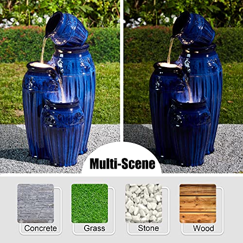 Glitzhome 27.25" H Outdoor Garden Water Fountain with LED Lights and Pump, 4 Tier Cobalt Blue Embossed Pattern Ceramic Pots Cascading Floor-Standing Fountain for Porch Deck Patio Backyard Decoration