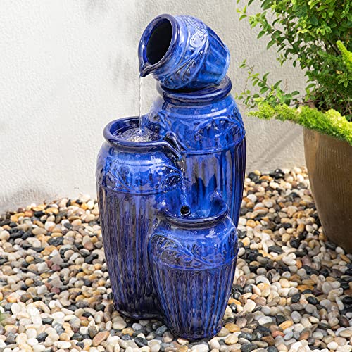 Glitzhome 27.25" H Outdoor Garden Water Fountain with LED Lights and Pump, 4 Tier Cobalt Blue Embossed Pattern Ceramic Pots Cascading Floor-Standing Fountain for Porch Deck Patio Backyard Decoration
