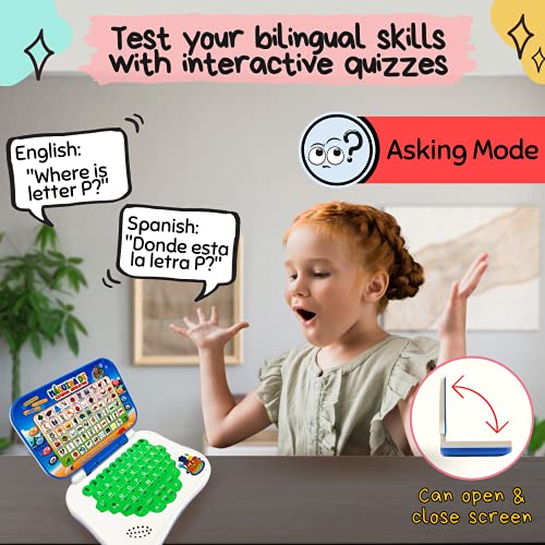 ZeenKind Bilingual Spanish English Learning Small Laptop Toy for Kids, Toddlers, Boys and Girls | Computer for Aphabet ABC, Numbers, Words, Spelling, Maths, Music