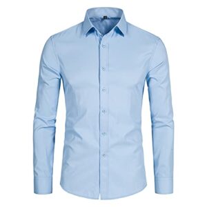 DELCARINO Men's Long Sleeve Button Up Shirts Solid Slim Fit Casual Business Formal Dress Shirt Light Blue Medium