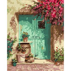 eniref paint by numbers for adults beginner blue door with flower , acrylic paint kits home decor 16x20inch