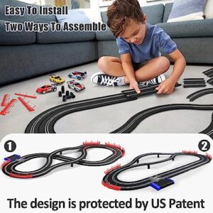 Electric Racing Tracks for Boys and Kids Including 4 Slot Cars 1:43 Scale with Headlights and Dual Racing, Race Car Track Sets with 2 Hand Controllers, Gift Toys for Children Over 8 Years Old