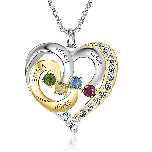 GLAMCARAT 18k gold over Silver Birthstone Heart Shaped engraved necklace with 4 Birthstones, Engraved Names personalized women jewelry engraved child names mothers necklace sister grandma