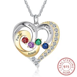 GLAMCARAT 18k gold over Silver Birthstone Heart Shaped engraved necklace with 4 Birthstones, Engraved Names personalized women jewelry engraved child names mothers necklace sister grandma