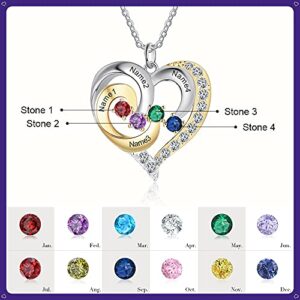 GLAMCARAT 18k gold over Silver Birthstone Heart Shaped engraved necklace with 4 Birthstones, Engraved Names personalized women jewelry engraved child names mothers necklace sister grandma