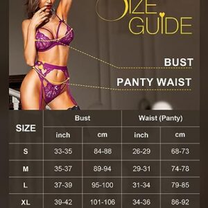 RSLOVE Lingerie for Women Lingerie Sets with Garter Belt 3 Piece Lace Teddy Babydoll Bodysuit Violet S