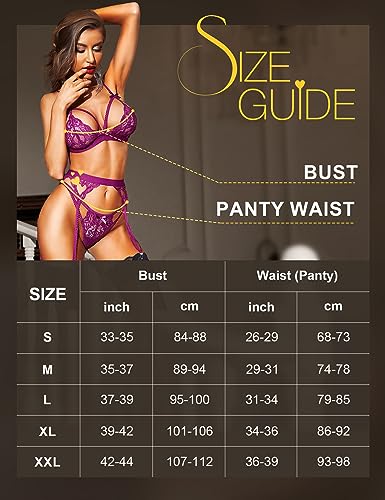 RSLOVE Lingerie for Women Lingerie Sets with Garter Belt 3 Piece Lace Teddy Babydoll Bodysuit Violet S