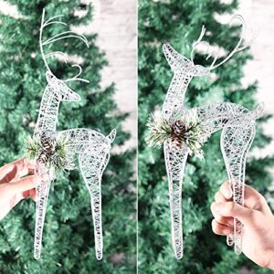 ZHANYIGY 2pc Set White Pinecone Rattan Silver Thread String Christmas Reindeer Figurine Table Desk Decorations Glittering Xmas Holiday Party Supply