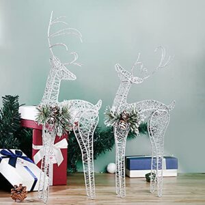 ZHANYIGY 2pc Set White Pinecone Rattan Silver Thread String Christmas Reindeer Figurine Table Desk Decorations Glittering Xmas Holiday Party Supply