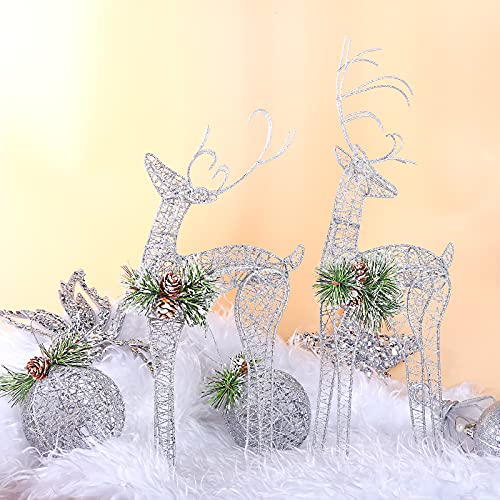 ZHANYIGY 2pc Set White Pinecone Rattan Silver Thread String Christmas Reindeer Figurine Table Desk Decorations Glittering Xmas Holiday Party Supply