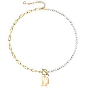 dainty initial pearl necklace for women, 14k gold plated paperclip link chain necklace toggle clasp necklace initial necklaces gold jewelry for women letter d