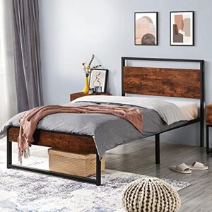 yaheetech twin metal platform bed frame with rustic wooden headboard and footboard, single country bed for boys& girls, no box spring needed/12 inch underbed storage/no noise/easy assembly, mahogany