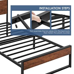 Yaheetech Twin Metal Platform Bed Frame with Rustic Wooden Headboard and Footboard, Single Country Bed for Boys& Girls, No Box Spring Needed/12 Inch Underbed Storage/No Noise/Easy Assembly, Mahogany