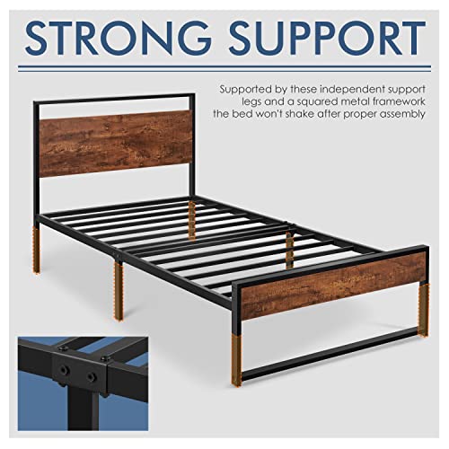 Yaheetech Twin Metal Platform Bed Frame with Rustic Wooden Headboard and Footboard, Single Country Bed for Boys& Girls, No Box Spring Needed/12 Inch Underbed Storage/No Noise/Easy Assembly, Mahogany