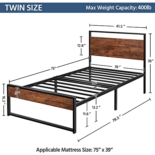 Yaheetech Twin Metal Platform Bed Frame with Rustic Wooden Headboard and Footboard, Single Country Bed for Boys& Girls, No Box Spring Needed/12 Inch Underbed Storage/No Noise/Easy Assembly, Mahogany