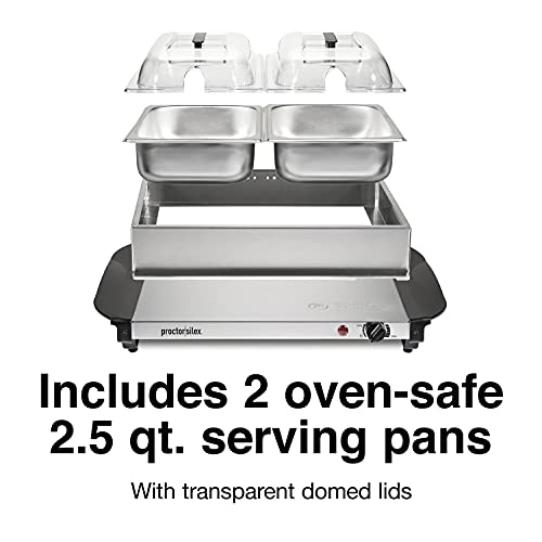 Proctor-Silex Buffet Server & Food Warmer, Adjustable Heat, for Parties, Holidays and Entertaining, Two 2.5 Quart Oven-Safe Chafing Dish Set, Stainless Steel
