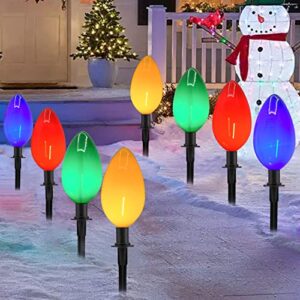 christmas lights jumbo c9 outdoor lawn decorations with pathway marker stakes, 2 pack 7 feet string lights with multi color giant lighted bulbs for holiday outside yard garden decor, 8 lights