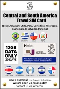 central and south america prepaid travel sim card by 3uk. 12gb data only for 30 days. we must activate the sim card.