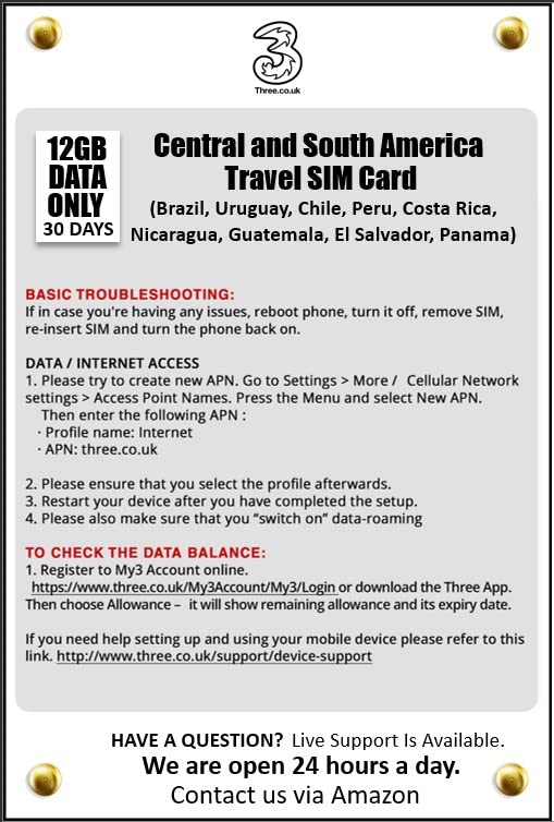 Central and South America Prepaid Travel SIM Card by 3UK. 12GB Data only for 30 Days. We Must Activate The SIM Card.