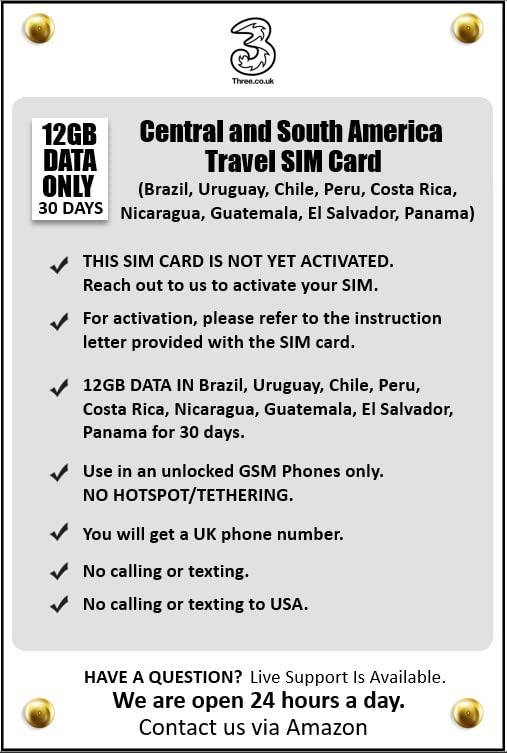 Central and South America Prepaid Travel SIM Card by 3UK. 12GB Data only for 30 Days. We Must Activate The SIM Card.