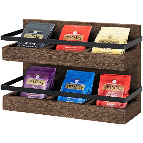 Mkono Tea Bag Organizer 2 Tier Rustic Wood Tea Bags Holder Wall Mounted Tea Box for Tea Storage Coffee Condiment Display Shelf Tea Rack for Cabinet, Counter, Café, Home, Office