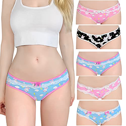 Littleforbig Women's Ladies Soft Cotton Underwear Comfortable Hipster Briefs 5 Colorful Pack Panties Set - Bedtime Bunny L Multicolor