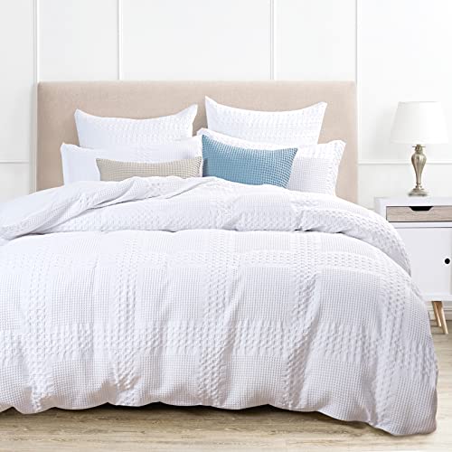 PHF 100% Cotton Duvet Cover Queen Size, Waffle Weave Duvet Cover Set for All Season, Pre-Washed Soft Decorative Textured Duvet Cover with Pillow Shams Bedding Collection, 90"x92", White