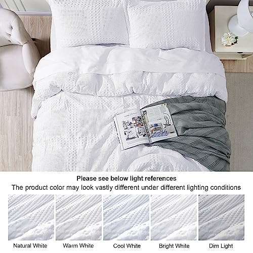 PHF 100% Cotton Duvet Cover Queen Size, Waffle Weave Duvet Cover Set for All Season, Pre-Washed Soft Decorative Textured Duvet Cover with Pillow Shams Bedding Collection, 90"x92", White