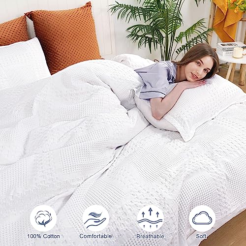 PHF 100% Cotton Duvet Cover Queen Size, Waffle Weave Duvet Cover Set for All Season, Pre-Washed Soft Decorative Textured Duvet Cover with Pillow Shams Bedding Collection, 90"x92", White