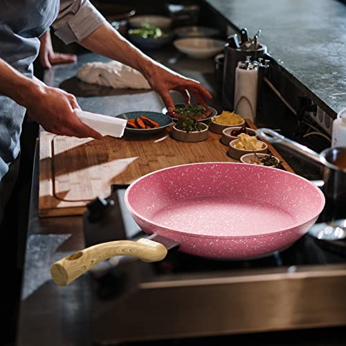 Frying Pan Nonstick, 8 Inch Pink Egg Pan, Non Stick Fry Pan 100% PTFE PFOA-Free Omelet Pan, Toxin-Free Skillets Stone Cookware, Anti-Warp Base with All Stove Tops Available, Induction Compatible