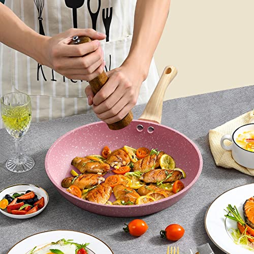 Frying Pan Nonstick, 8 Inch Pink Egg Pan, Non Stick Fry Pan 100% PTFE PFOA-Free Omelet Pan, Toxin-Free Skillets Stone Cookware, Anti-Warp Base with All Stove Tops Available, Induction Compatible