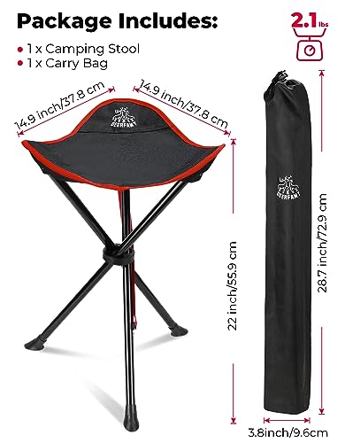 DEERFAMY Folding Camping Tripod Stools, Portable 3 Legs Tall Slacker Chair Tripod Seat for Outdoor Hiking Hunting Fishing Picnic Travel Beach BBQ Garden Lawn with Storage Bag, Red