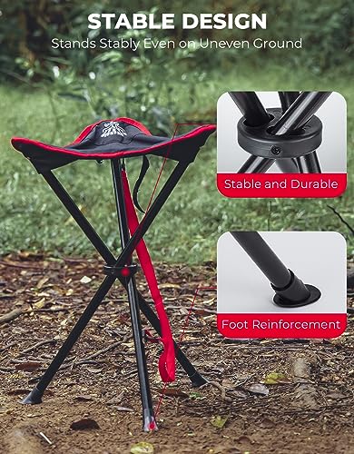 DEERFAMY Folding Camping Tripod Stools, Portable 3 Legs Tall Slacker Chair Tripod Seat for Outdoor Hiking Hunting Fishing Picnic Travel Beach BBQ Garden Lawn with Storage Bag, Red